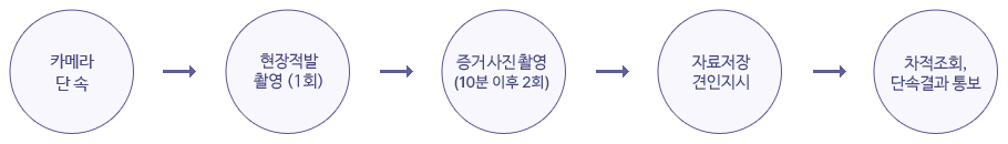 고정식 및 이동식 CCTV 단속절차: 카메라 단속→현장적발 촬영(1회)→증거사진 촬영(10분 이후 2회)→자료저장 견인지시→ 차적조회, 단속결과통보